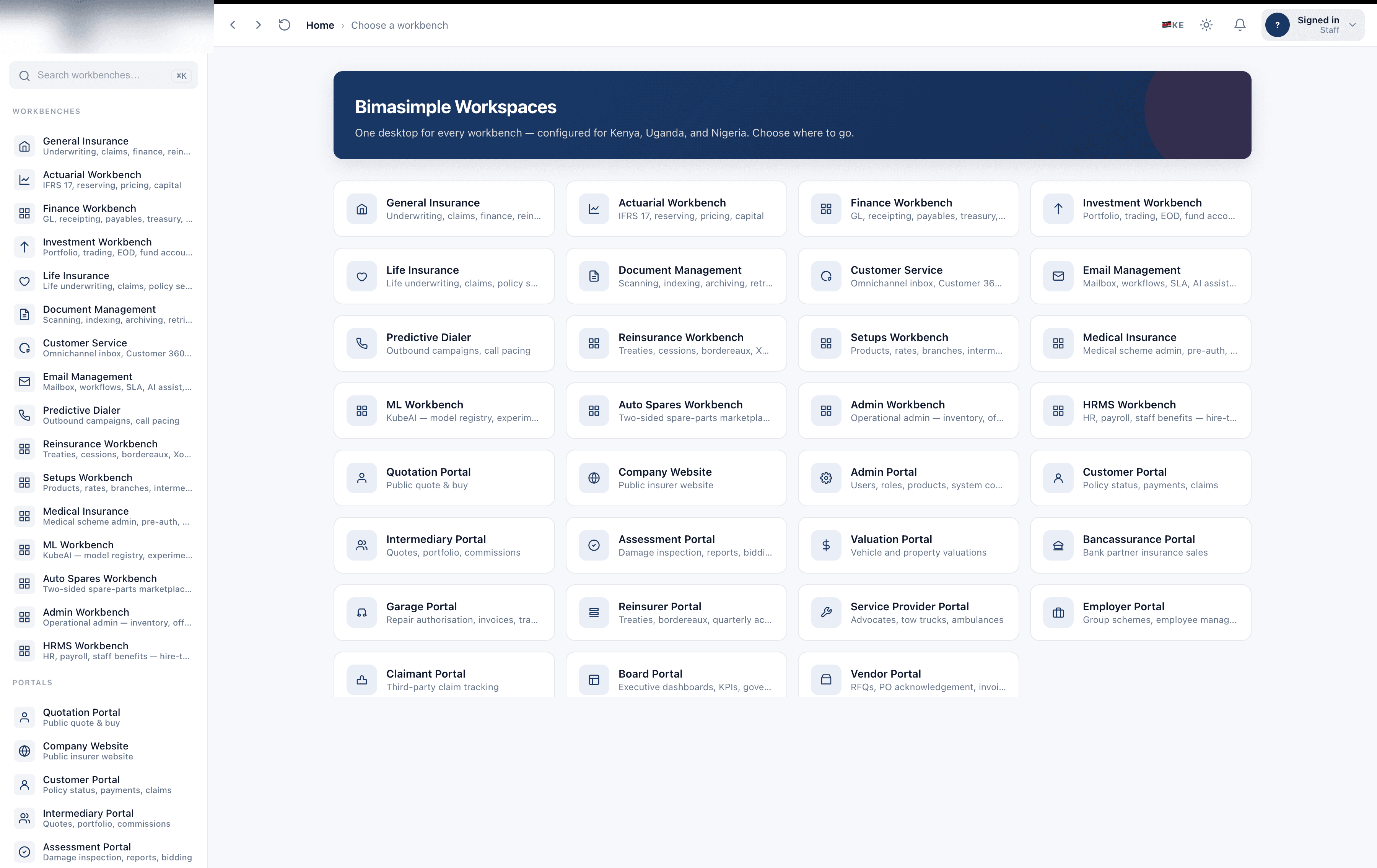 Bimasimple Workspaces — 33 workbenches and portals for an insurance company in one desktop shell (General Insurance, Actuarial, Finance, Investment, Life, Reinsurance, HRMS, ML, Medical, and more)